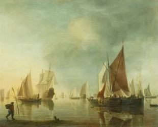 Lodní kotva na moři v klidném moři; večerní světlo, cca 1650-60 (olej na panelu)