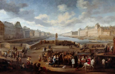 Pohled na Paříž s Louvrem z mostu Henriho IV (Actuel Pont Neuf). Obraz od Hendrickse Mommerse (1623-1693)