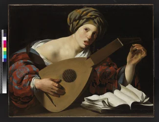 Mladá žena ladící loutnu, kolem 1626-27