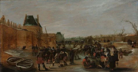 Skotačení na zamrzlém kanálu ve městě, asi 1615-1620 (olej na desce)