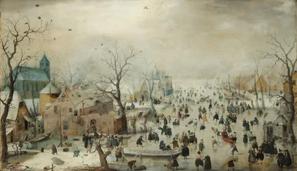 Zimní krajina s bruslaři. c.1608 (olej na panelu)