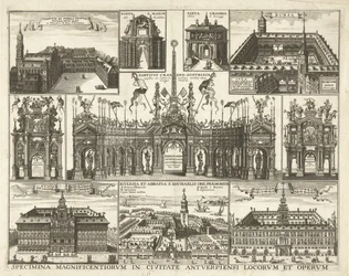 Blad se setkal s tien voorsetningen van de intocht van de Kardinaal Infant Ferdinand te Antwerpen, 1635 Ukázky nejhonosnějších míst a děl ve městě Antverpy (název na objektu)