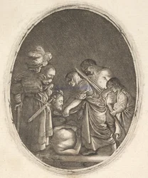 Salome přijímající hlavu Jana Křtitele, obklopená třemi muži a dítětem bea..., ca. 1610.