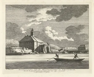 Prohnutý Muiderpoort, při pohledu ze Singelgracht, 1769 Obrázek Muyderpoortu v Amsterdamu, Zoo jako zhrouceného syndu, lze vidět zvenčí, klikatě (název na objektu)