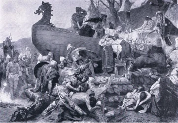 Kremace náčelníka ve východním Rusku - desáté století, ilustrace z Landmarks in European History vydané nakladatelstvím Gresham Publishing Co, kolem roku 1920 (litho)