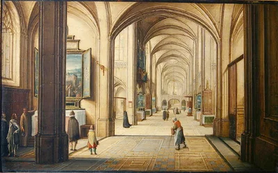 Interiér kostela se sakristánem zobrazujícím návštěvníkům obraz, 1608 (olej na kartě)