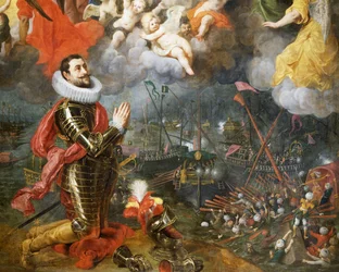 Don Alvaro de Bazan děkuje po vítězství nad Turky v roce 1580, obraz od Hendricka van Balena (1575-1632)