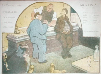 Program pro sezónu 1892-3 v Theatre Libre v Paříži pro hru „Le Devoir“ ukazující muže pijící v baru (barevné lito)