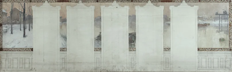 Skica radnice v Asnières: Zima. Seina v Asnières, kolem roku 1900 (olej na plátně s tuší)