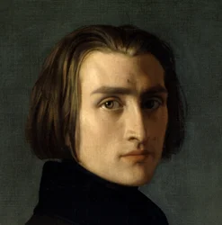 Portrét Franze Liszta (1811-1886), maďarského skladatele a klavíristy (1839). Detail obličeje. Obraz Henriho Lehmanna (Karl Ernest (Ernst) Rudolf Heinrich Salem dit) (1814-1882). Paříž, Musée Carnavalet.