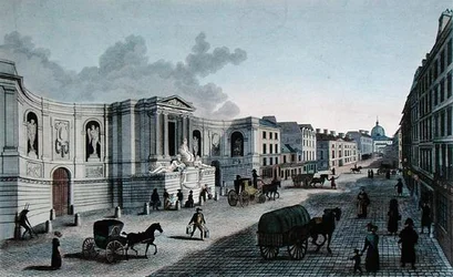Pohled na fontánu na Rue de Grenelle, Faubourg St. Germain, ryl Grimbergen, kolem 1815-20 (barevná rytina)