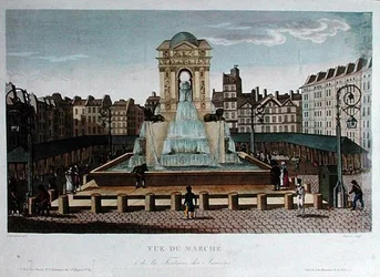 Pohled na Marche des Innocents, vyrytý Eugenem Duboisem, kolem 1815-20 (barevná rytina)