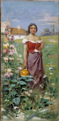 Camargaise džbán Mladá žena oblečená s cikánem v poli. Obraz Adriena Henriho Tanouxe (1865-1923) 20. století Povinná zmínka: Collection fondation needs de Provence, Marseille