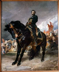 Zářijová revoluce (Gloriosa): „“ Generál Juan Prim (1843-1871) jedoucí před Madridem, v čele povstání španělské revoluce 8. října