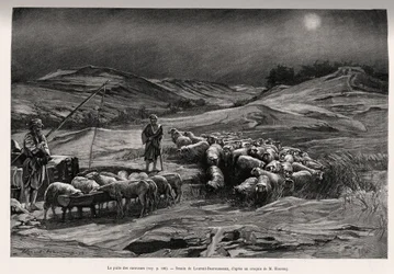 Trailer dobře. Rytina Laurenta Desrousseauxe k ilustraci příběhu „A travers la Perse meridionale“ od C. Babina a F. Houssaye v roce 1885 v Le tour du Monde 1892, režie Edouard Charton (1807-1891), Hachette, Paříž.