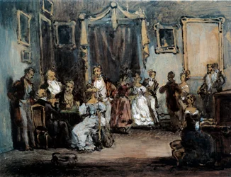 Večer na společenském setkání Madame X v salonu Pařížanky. Akvarel od Henryho Monniera (1805-1877) 19. století