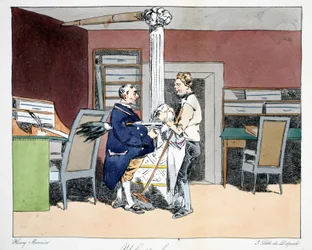 Osm hodin, ilustrace z „Moeurs Administratives, Dessinées podle přírody“ od Henriho Monniera, litografie Delpech, hospoda. Paříž, kolem roku 1828 (ručně kolorované lito)