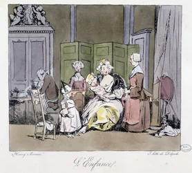 Kočka, sluhové, miminko a dítě v aristokracii 18. století - v „“ Dříve a dnes“ od Henri Monniera, ed. Delpech, Paříž