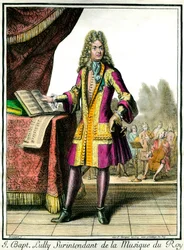 Portrét u nohou Jean Baptiste Lully (Giovanni Battista Lulli) (1632-1687) Superintendent of the Music of the King Rytina Henri Bonnart (1642-1711)