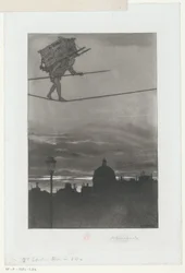 Provazochodec s balíčkem na zádech nad městem Titulní strana pro: Henri Béraldi, Les Graveurs du XIXe siècle (...), 1888