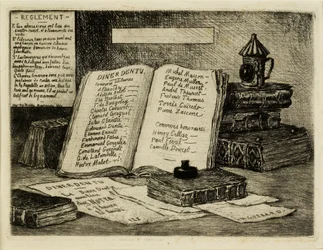 Bouquins et lanterne (Knihy a lucerna), 1880 (lept, suchá jehla)