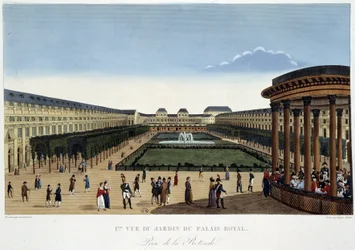 Zahrada Palais-Royal, kolem roku 1820 - v „Výhledech na Paříž““ od Courvoisiera