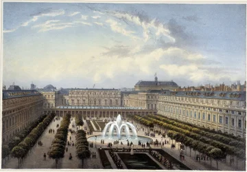 Jardin du Palais-Royal, kolem roku 1820 v „Výhledech na Paříž““ od Courvoisiera 1827