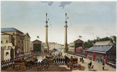 Bariéra v Saint-Denis při předávání klíčů Ludvíku XVIII. 3. května 1814 - in "Vues de Paris" by Courvoisier 1827