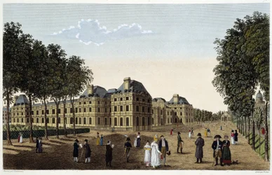 Zahrada a Palais du Luxembourg při pohledu z terasy malého Lucemburska. Gravírování Courvoisier