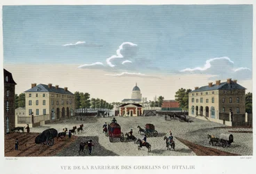 Gobeliny neboli italská bariéra, kolem roku 1820 – v „Výhledech na Paříž““ od Courvoisiera
