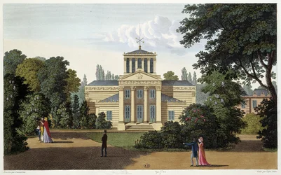 Pavilon zahrady Monceau. Gravírování Courvoisier