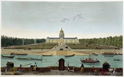 Pohled na Champ de Mars a Hôtel des Invalides pořízený na druhé straně Seiny (Cours la Reine) - v „“Vues de Paris““ od Courvoisier