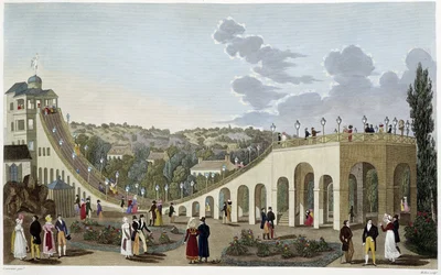 Pohled na hory Belleville, kolem roku 1820 - v „“Vues de Paris““ od Courvoisiera