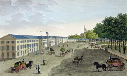 Pohled na novou galerii Přírodovědného muzea v Jardin des Plantes v Paříži, vyrytý Claudem Fortierem (1775-1835) (barevná rytina)