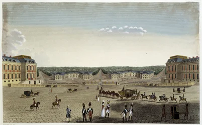 Pohled na velké a malé královské stáje ve Versailles - v „“Vues de Paris““ od Courvoisiera