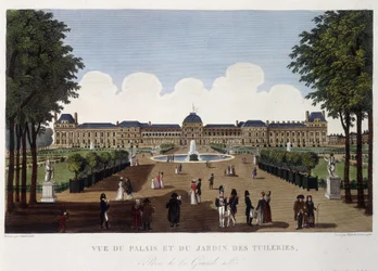 Pohled na palác a zahradu Tuileries - v „“Vues de Paris““ od Courvoisier