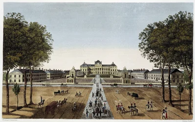 Pohled na Royal Military School, pohled z Avenue Vaugirard, ca. 1820 - v „Pohledech na Paříž““ od Courvoisiera