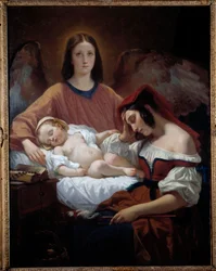 Anděl strážný. Anděl bdí nad matkou a jejím spícím dítětem. Obraz Henriho Decaisna (1799-1852)