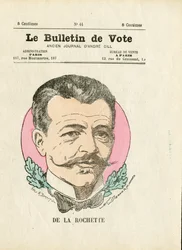 Hlasovací lístek 2. série, satirický v barvě: De la Rochette - ilustrace Henri Demare (1846-1888)