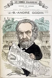 Jean Baptiste André Godin (1817-1888), průmyslník zakladatel rodiny. Kresba Demare v „Muži dneška““.