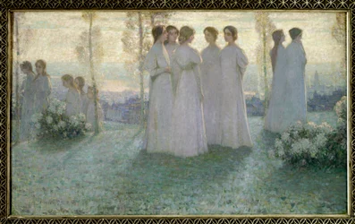 V neděli, Žena oblečená v bílém mluví v zahradě - Obraz Henri Eugene (Henri-Eugene) Le Sidaner (1862-1939)