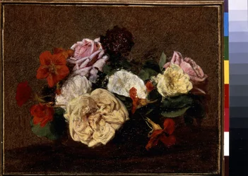 Růže a Nasturtiums ve váze. Obraz Henri Fantin-Latour (Fantin Latour