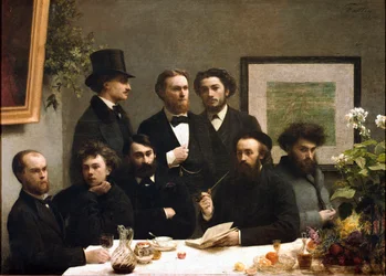 Roh stolu: zleva doprava: Paul Verlaine, Arthur Rimbaud, Elzéar Bonnier, Léon Valade, Émile Blémont, Jean Aicart, Ernest d