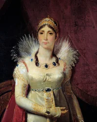 Detail portrétu Impress Josephine de Beauharnais (1763-1814). Obraz Henriho Francoise Riesenera (1767-1828) 1806 ne. 2,3x1,3 m Malmaison, Zámky Malmaison a Bois Preau - Portrét císařovny Josefíny de Beauharnais (1763-1814) - Detail.