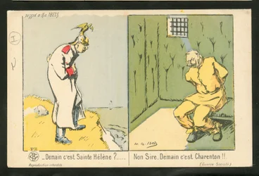 Pohlednice, satirická v barvách: Heleny? Ne, pane. Zítra je Charenton - Válka 14-18, Folie - William II Ilustrace H. G. Ibels (1867-1936)