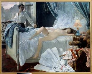 Rolla. Pár v ložnici, žena spí nahá a muž se na ni dívá u okna. Obraz Henriho Gervexe (1852 - 1929). 1878. Rozměry 1,75 x 2,20 m. Musée des Beaux-Arts de Bordeaux