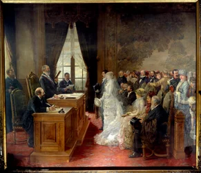 Civilní sňatek Mathurina Moreaua se konal na pařížské radnici v roce 1881. Obraz Henri Gervex (1852-1929)