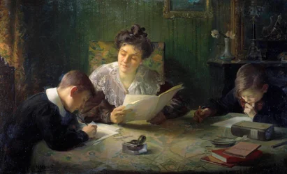 Domácí úkoly Matka pomáhá dětem dělat domácí úkoly. Obraz Henriho Jameta (1858-1940) Orleans 20. století, Musee des Beaux Arts