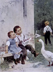 Výchova: děti čtou a husy je pozorují – nemocné. od Geoffroye, v „“ Figaro Illustré““, květen 1901