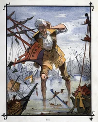 Lemuel Gulliver v centru námořní bitvy mezi loděmi Lilliput a Blefuscu. Ilustrace pro „“ Gulliver
